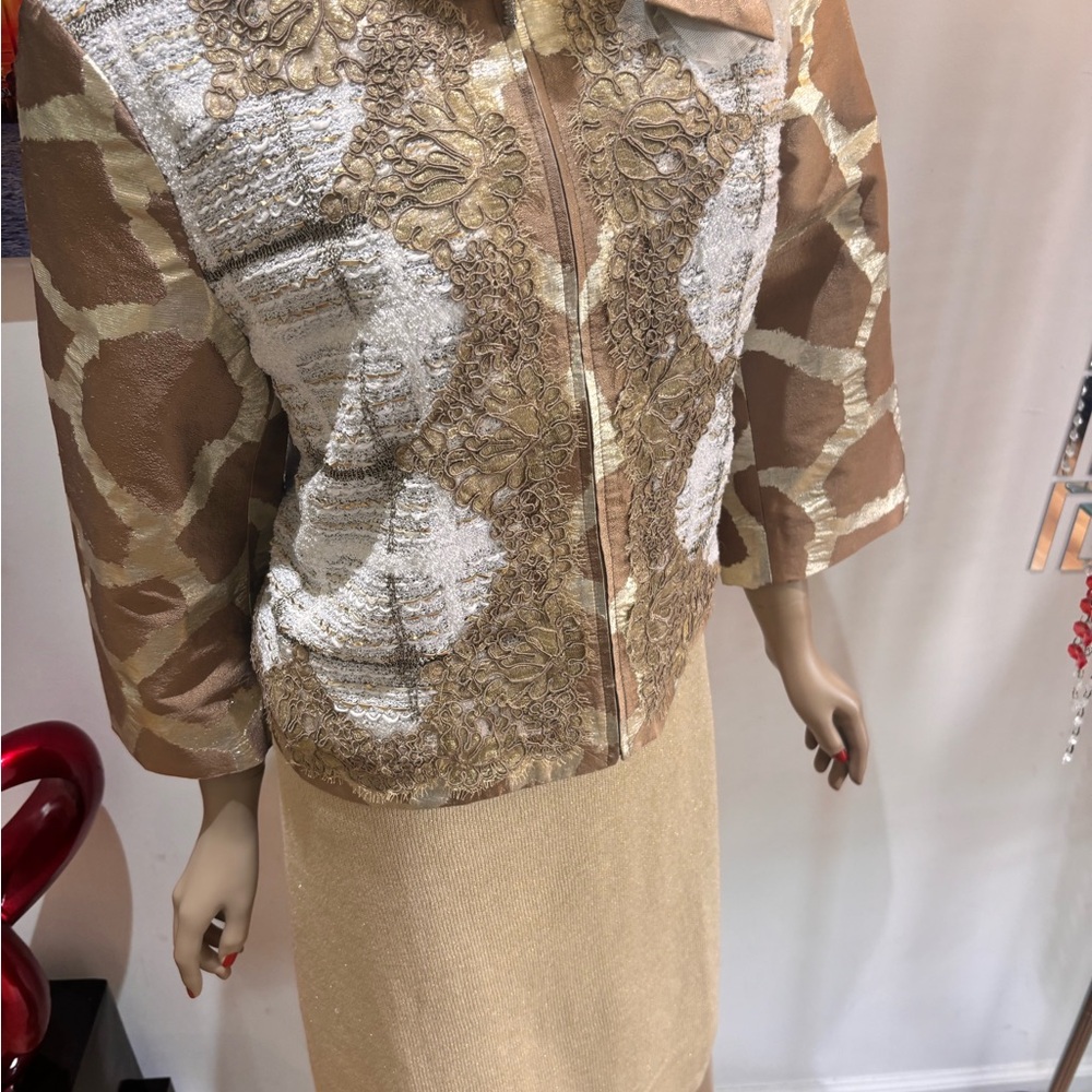 St. John Metallic Gold Cream wedding mother of bride outfit dress suit  12 L 14